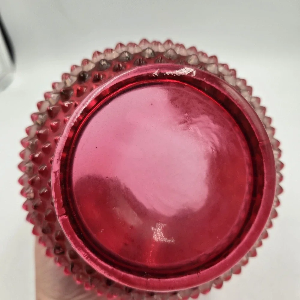 Fenton Cranberry Opalescent Hobnail Glass Vase Rose Bowl Ruffle Crimped Vintage